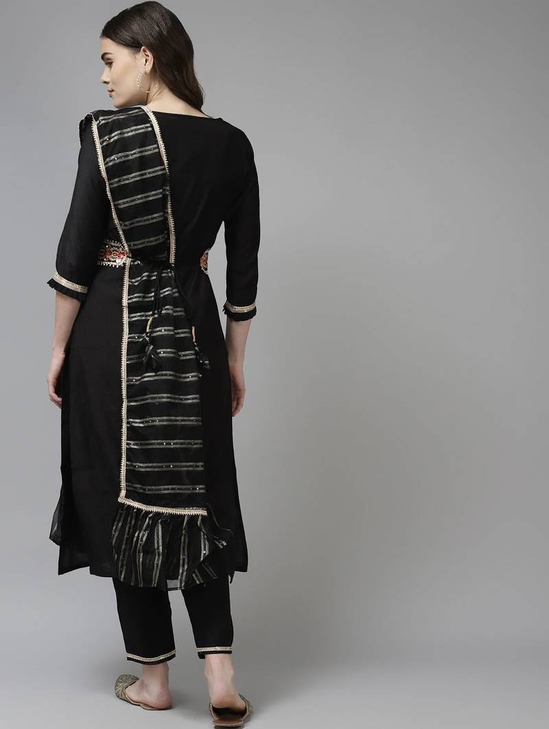 Women Black Liva Sequin Detail Kurta with Trousers & Dupatta