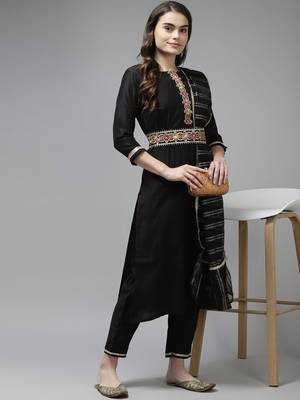 Women Black Liva Sequin Detail Kurta with Trousers & Dupatta 1