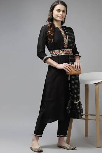 Women Black Liva Sequin Detail Kurta with Trousers & Dupatta