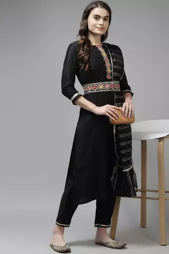 Women Black Liva Sequin Detail Kurta with Trousers & Dupatta
