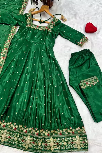 GREEN SILK EMBROIDERY HAND WORK PARTY WEAR SUIT SET 