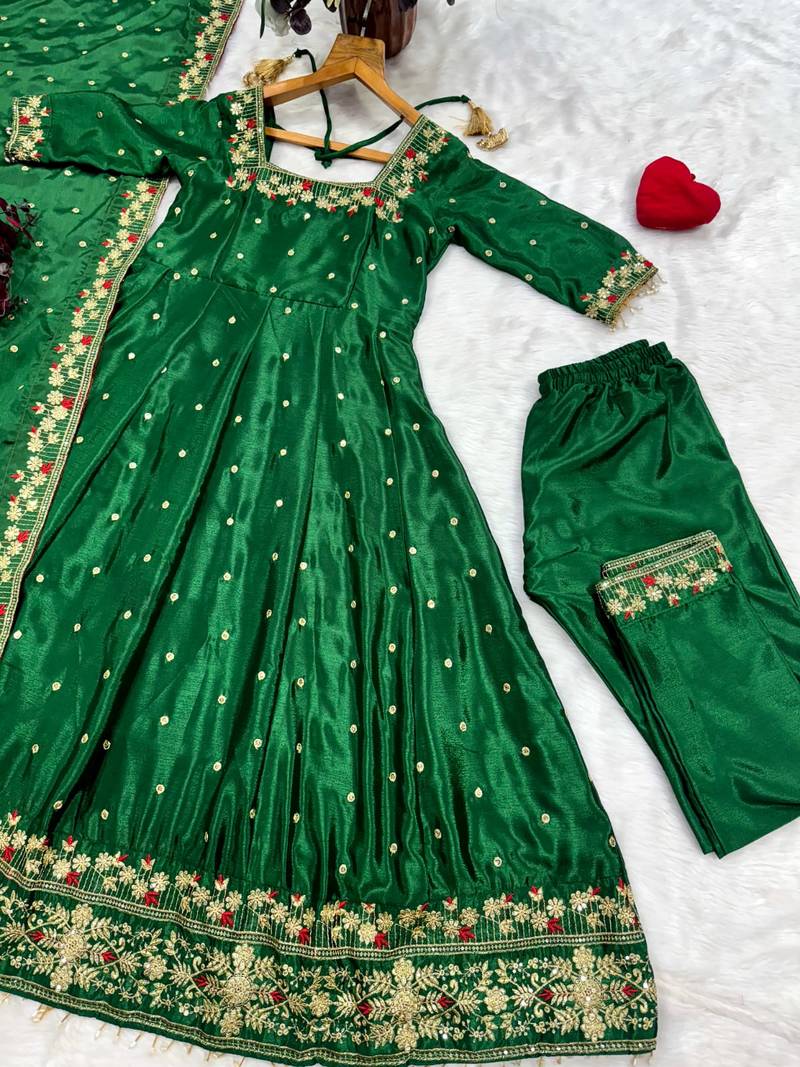 GREEN SILK EMBROIDERY HAND WORK PARTY WEAR SUIT SET 