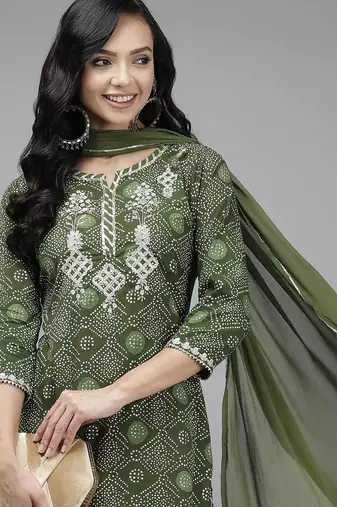 Women Green & White Bandhani Print Gotta Patti Kurta with Sharara & With Dupatta