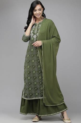 Women Green & White Bandhani Print Gotta Patti Kurta with Sharara & With Dupatta