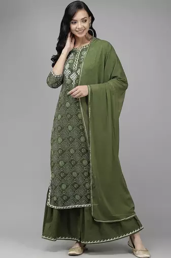 Women Green & White Bandhani Print Gotta Patti Kurta with Sharara & With Dupatta