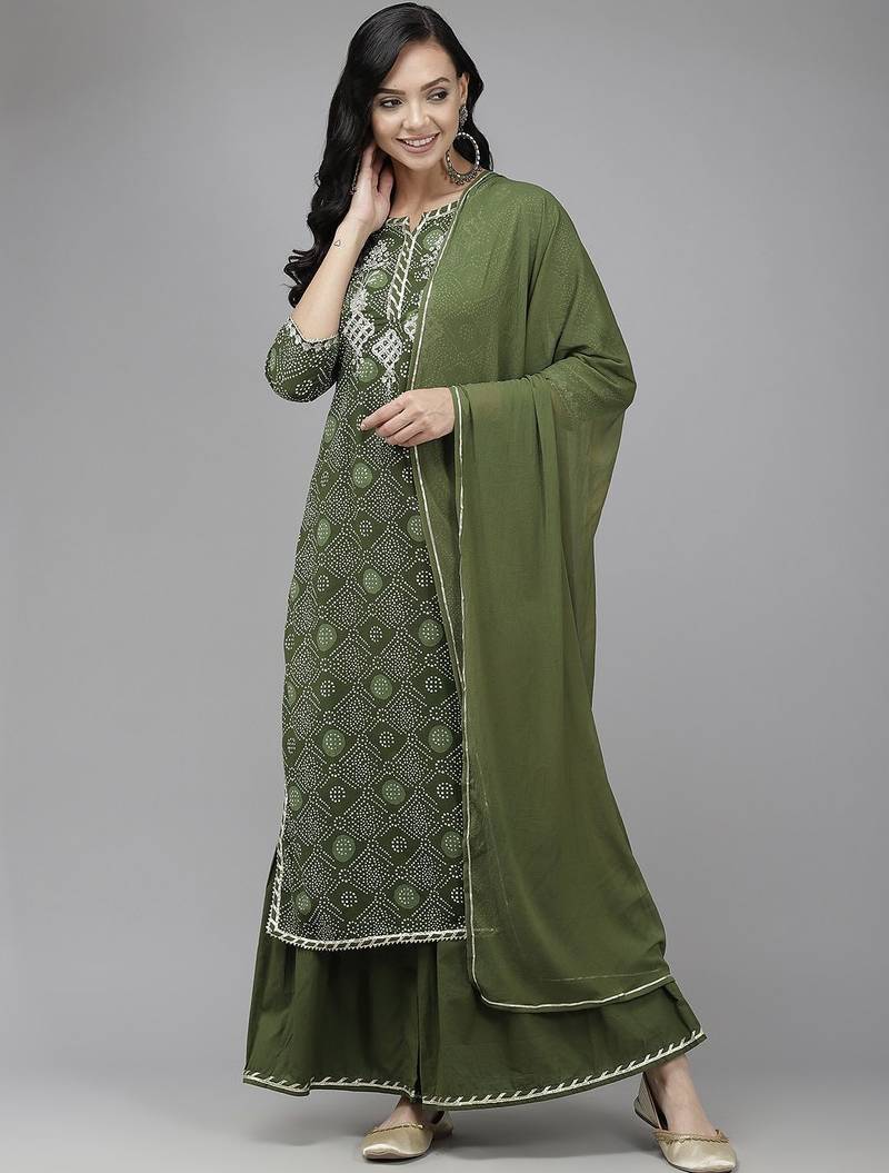 Women Green & White Bandhani Print Gotta Patti Kurta with Sharara & With Dupatta