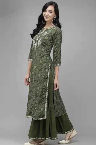 Women Green & White Bandhani Print Gotta Patti Kurta with Sharara & With Dupatta