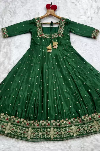 GREEN SILK EMBROIDERY HAND WORK PARTY WEAR SUIT SET 