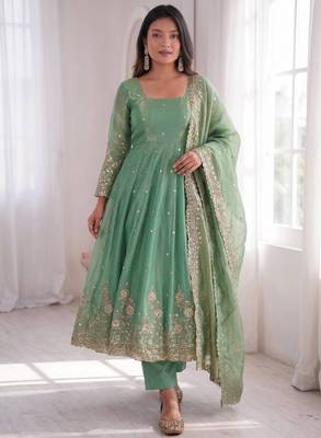 sea green color sequin embroidery silk blend gown set 1
