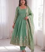sea green color sequin embroidery silk blend gown set