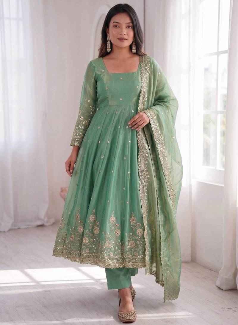 sea green color sequin embroidery silk blend gown set