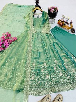 sea green color sequin embroidery silk blend gown set 5
