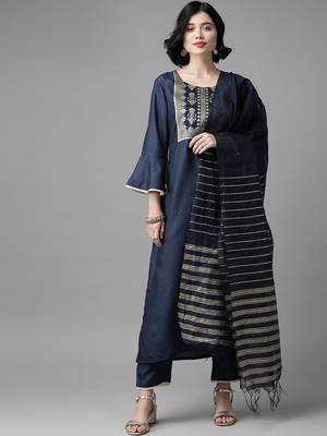women navy blue & golden yoke design kurta with trousers & dupatta 1