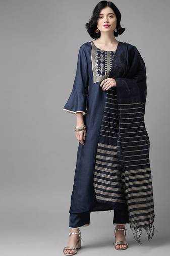 Women Navy Blue & Golden Yoke Design Kurta with Trousers & Dupatta