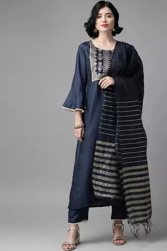 Women Navy Blue & Golden Yoke Design Kurta with Trousers & Dupatta
