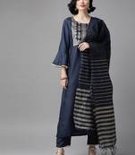 women navy blue & golden yoke design kurta with trousers & dupatta