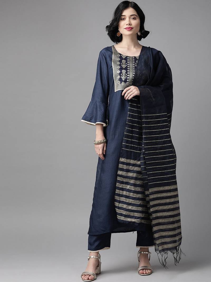 Women Navy Blue & Golden Yoke Design Kurta with Trousers & Dupatta