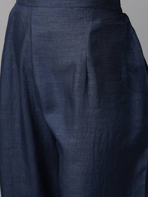 women navy blue & golden yoke design kurta with trousers & dupatta 3