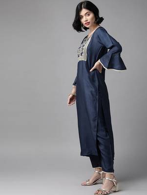 women navy blue & golden yoke design kurta with trousers & dupatta 5
