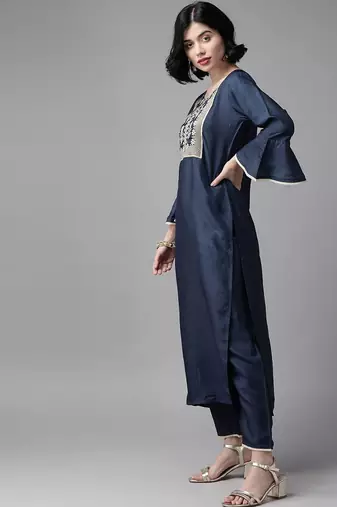 Women Navy Blue & Golden Yoke Design Kurta with Trousers & Dupatta