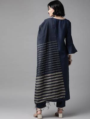 women navy blue & golden yoke design kurta with trousers & dupatta 6