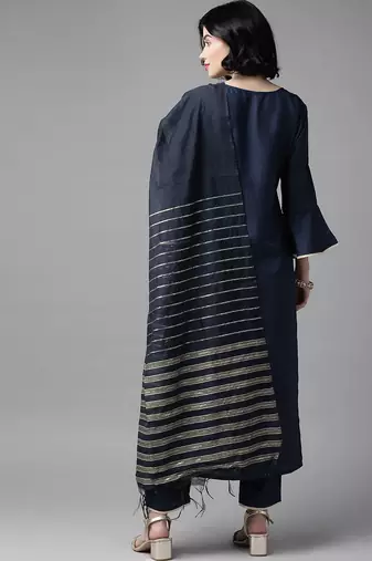 Women Navy Blue & Golden Yoke Design Kurta with Trousers & Dupatta