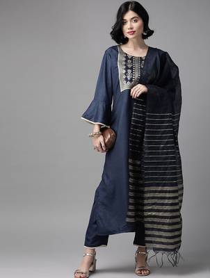 women navy blue & golden yoke design kurta with trousers & dupatta 7