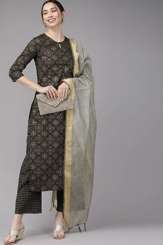 Women Black Printed Kurta with Palazzos & Dupatta