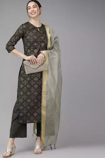 Women Black Printed Kurta with Palazzos & Dupatta