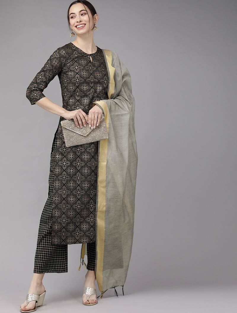 Women Black Printed Kurta with Palazzos & Dupatta