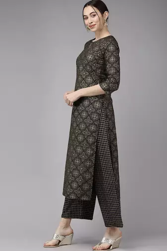 Women Black Printed Kurta with Palazzos & Dupatta