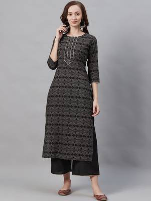 Women Black & Grey Printed Kurta with Palazzos 1