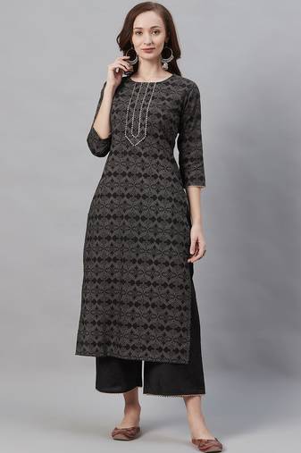 Women Black & Grey Printed Kurta with Palazzos
