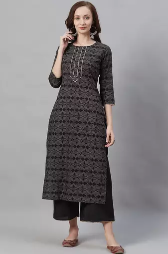 Women Black & Grey Printed Kurta with Palazzos