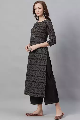 Women Black & Grey Printed Kurta with Palazzos