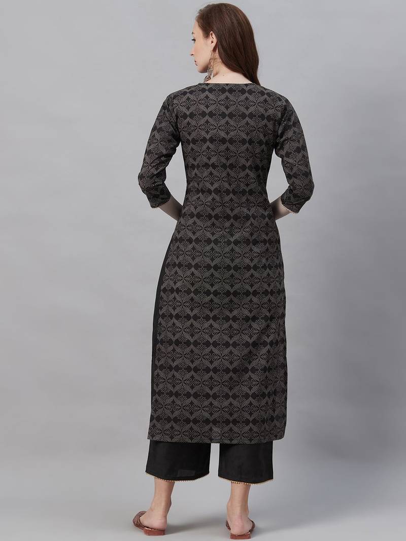 Women Black & Grey Printed Kurta with Palazzos