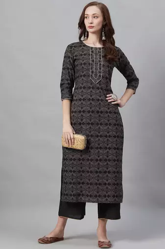 Women Black & Grey Printed Kurta with Palazzos