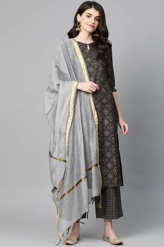 Women Black & Golden Foil Print Kurta with Palazzos & Dupatta