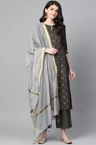 Women Black & Golden Foil Print Kurta with Palazzos & Dupatta