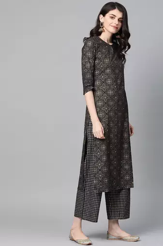 Women Black & Golden Foil Print Kurta with Palazzos & Dupatta