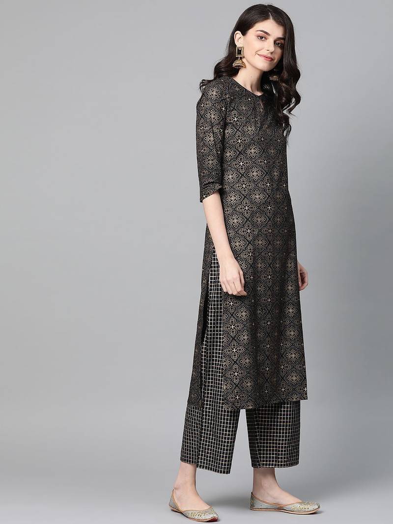 Women Black & Golden Foil Print Kurta with Palazzos & Dupatta