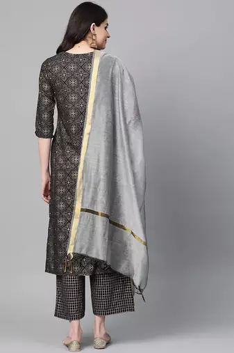 Women Black & Golden Foil Print Kurta with Palazzos & Dupatta