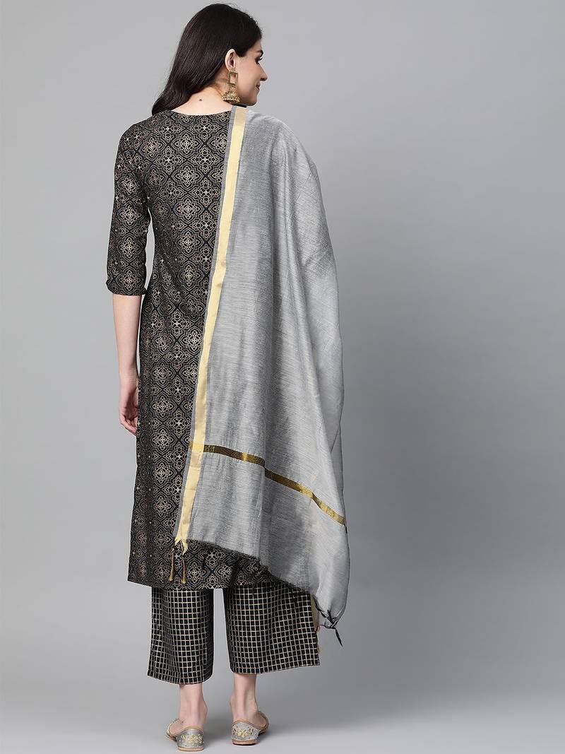 Women Black & Golden Foil Print Kurta with Palazzos & Dupatta