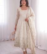 white color sequin embroidery silk blend gown set