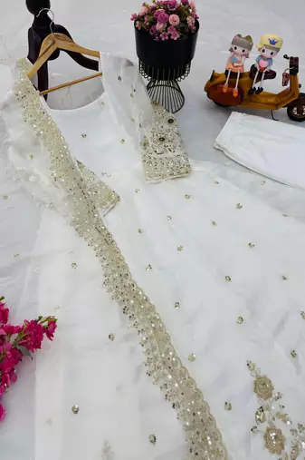 white color sequin embroidery silk blend gown set
