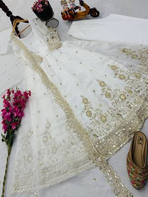 white color sequin embroidery silk blend gown set 5