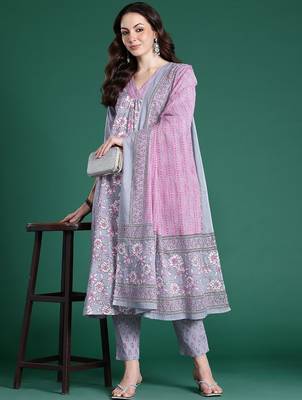 Floral Printed Pure Cotton Kurta with Trousers & Dupatta 1