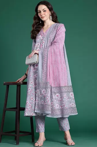Floral Printed Pure Cotton Kurta with Trousers & Dupatta