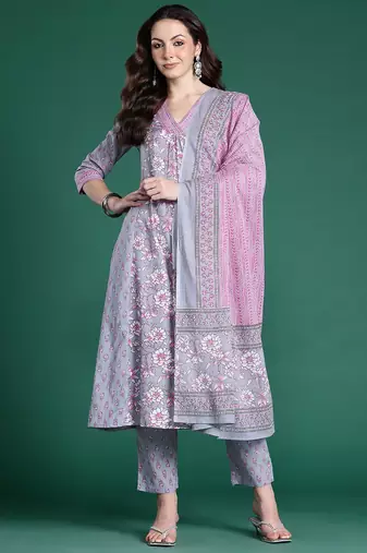 Floral Printed Pure Cotton Kurta with Trousers & Dupatta