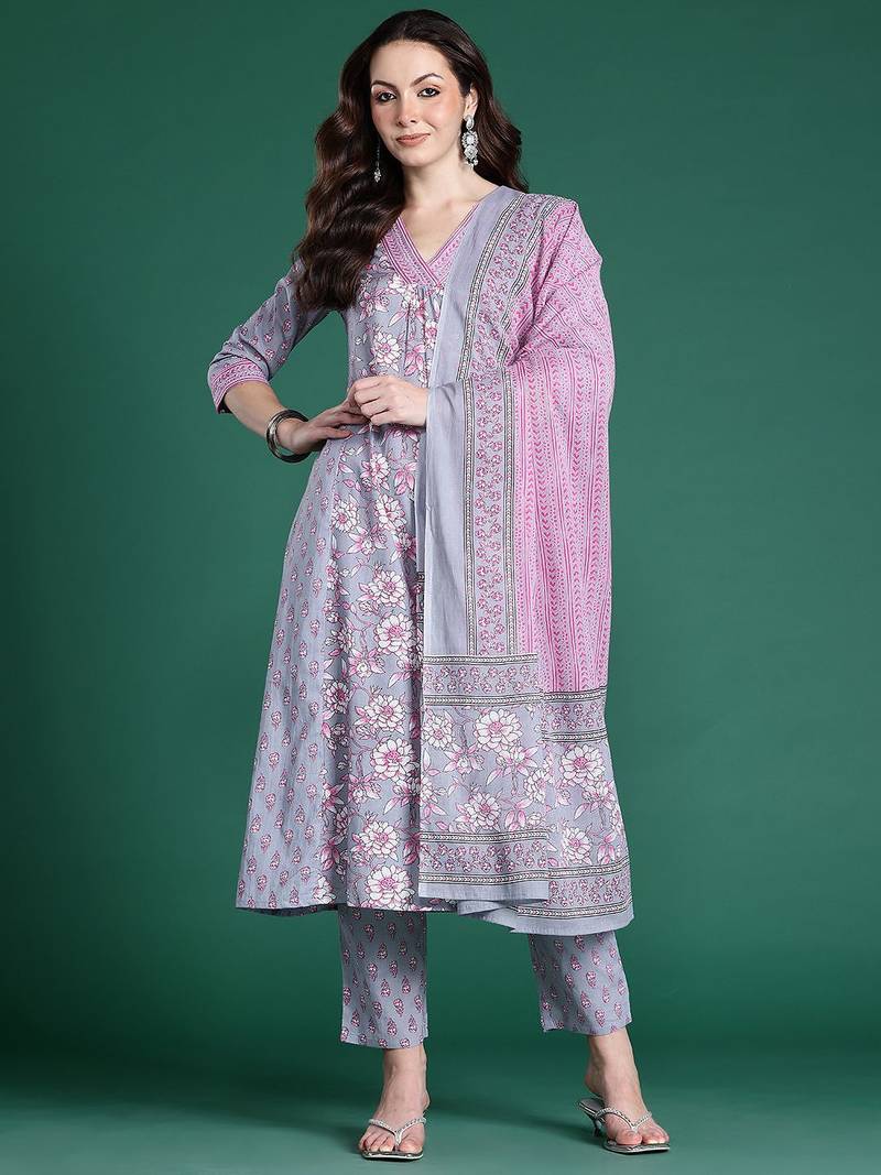 Floral Printed Pure Cotton Kurta with Trousers & Dupatta